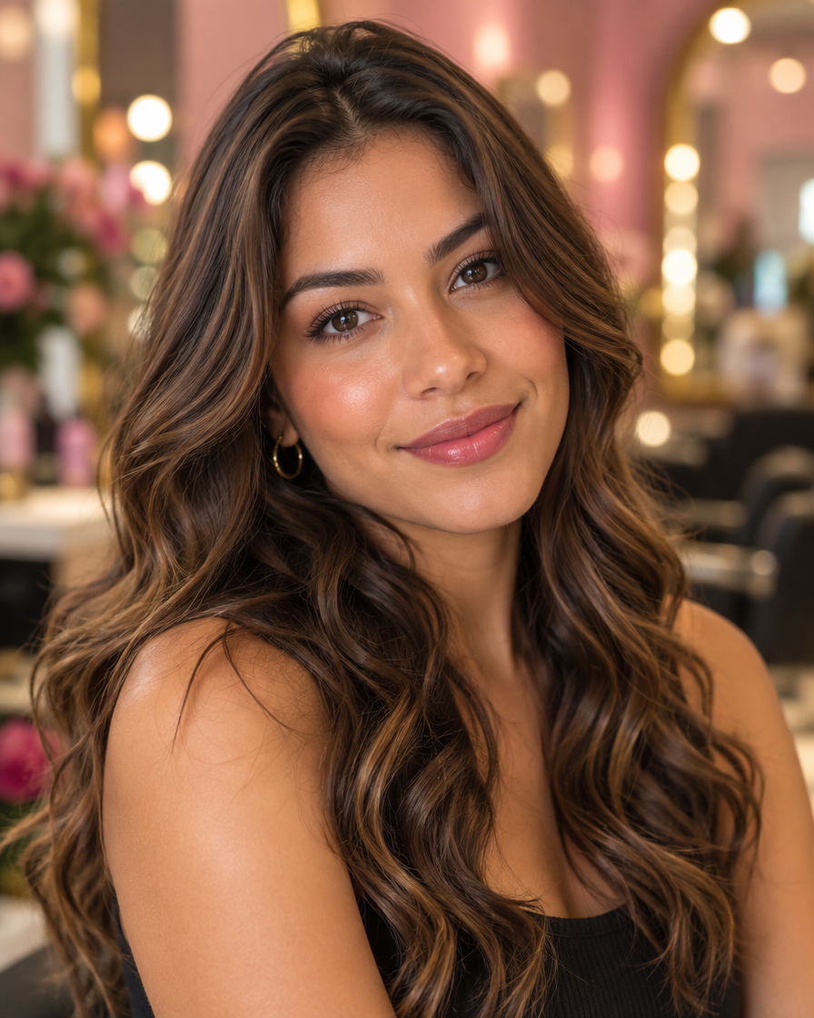 Mulher sorridente com o cabelo bem cuidado, em ambiente de salão de beleza