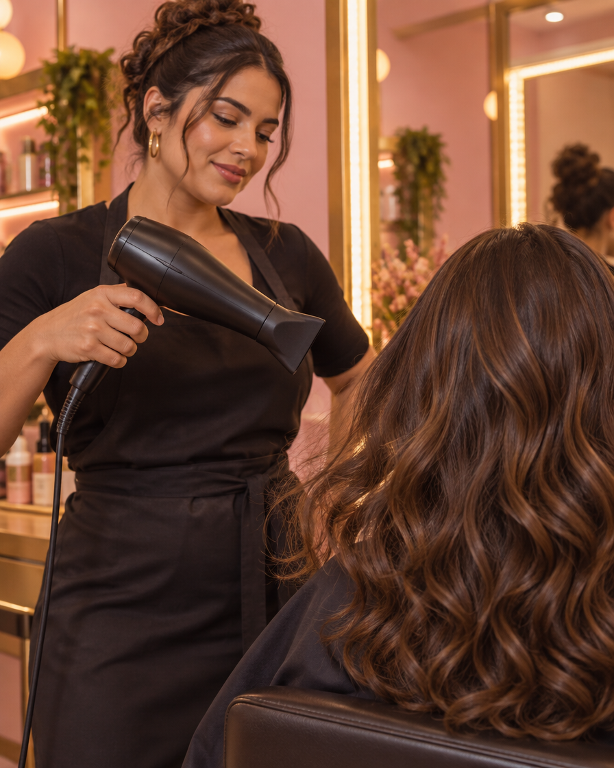 Escova modelando o cabelo de uma cliente